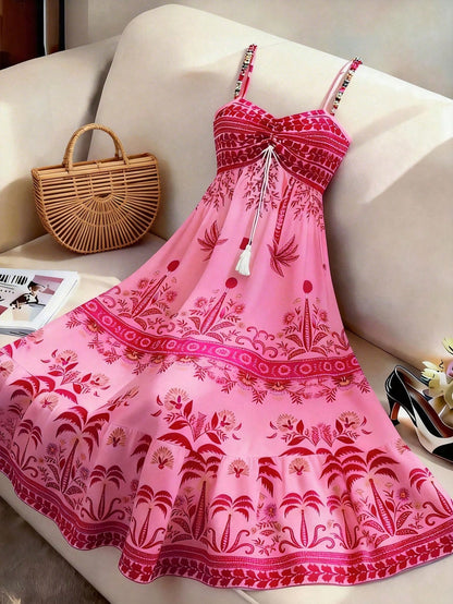 GlowEve Women's Floral Pink Summer Tropical Holiday Vacation Holiday Printed Spaghetti Strap Tie Waist A-Line Dress, Elegant French Retro Slip Dress