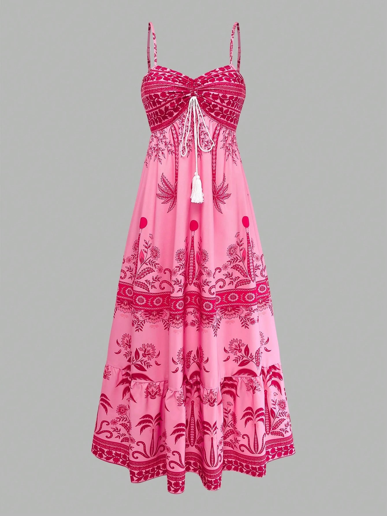 GlowEve Women's Floral Pink Summer Tropical Holiday Vacation Holiday Printed Spaghetti Strap Tie Waist A-Line Dress, Elegant French Retro Slip Dress