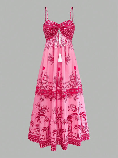 GlowEve Women's Floral Pink Summer Tropical Holiday Vacation Holiday Printed Spaghetti Strap Tie Waist A-Line Dress, Elegant French Retro Slip Dress