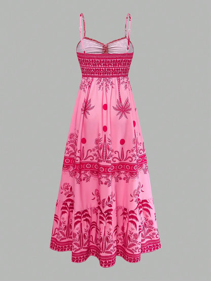 GlowEve Women's Floral Pink Summer Tropical Holiday Vacation Holiday Printed Spaghetti Strap Tie Waist A-Line Dress, Elegant French Retro Slip Dress