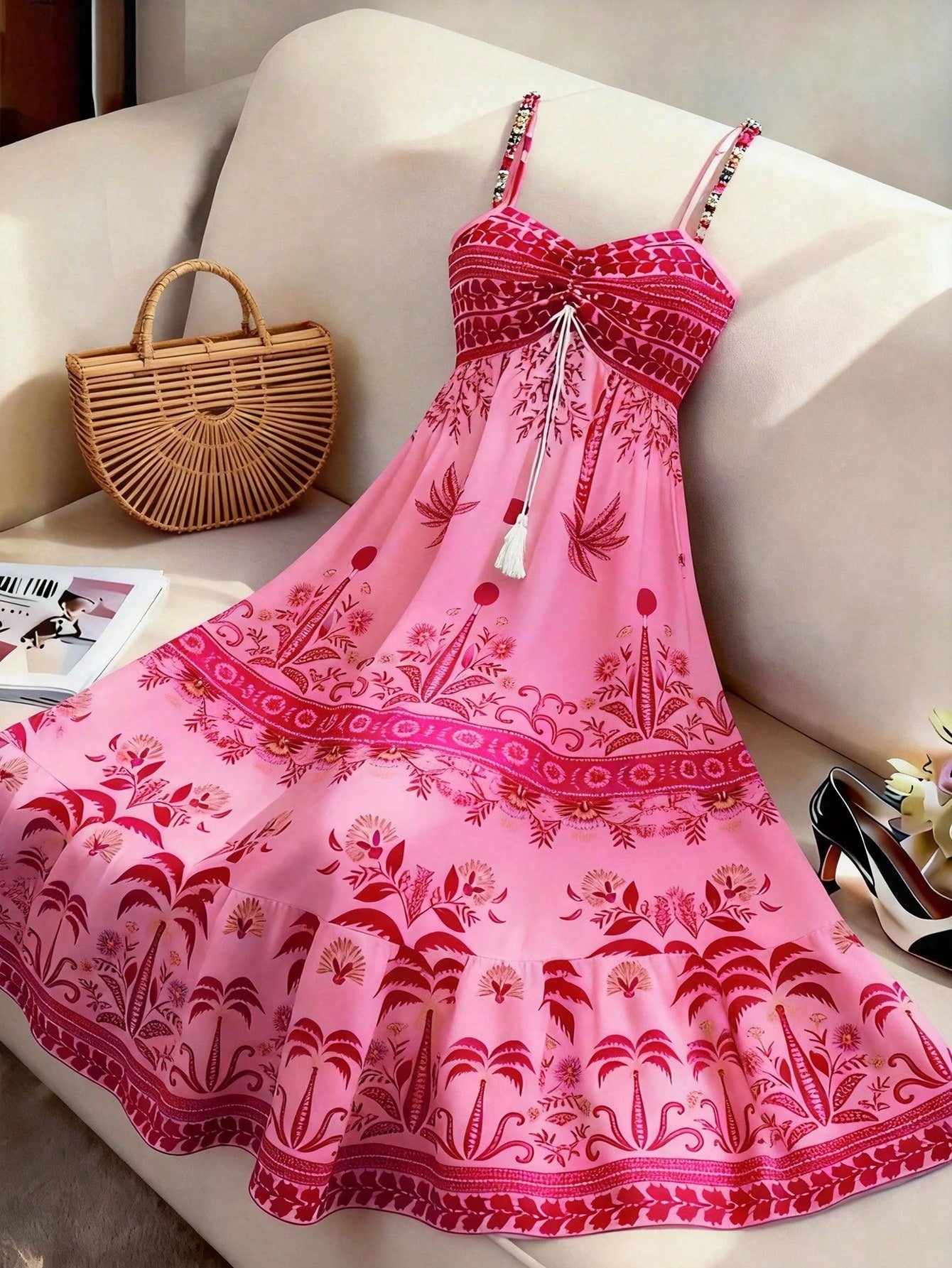 GlowEve Women's Floral Pink Summer Tropical Holiday Vacation Holiday Printed Spaghetti Strap Tie Waist A-Line Dress, Elegant French Retro Slip Dress