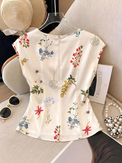 GlowEve Women's Spring/Summer Satin Floral Print Waist Shaping Shirt, Suitable For Daily Commute