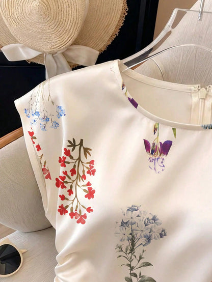 GlowEve Women's Spring/Summer Satin Floral Print Waist Shaping Shirt, Suitable For Daily Commute
