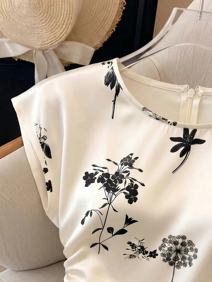 GlowEve Women's Spring/Summer Satin Floral Print Waist Shaping Shirt, Suitable For Daily Commute