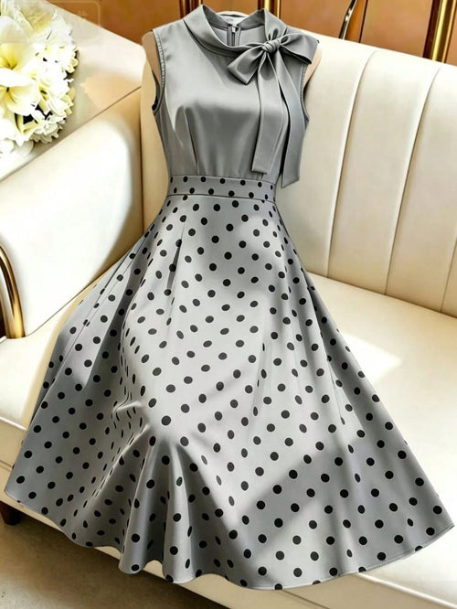 GlowEve Women's Summer French Elegant Elegant Polka Dot Print Twist Collar Sleeveless Cinched Waist Dress