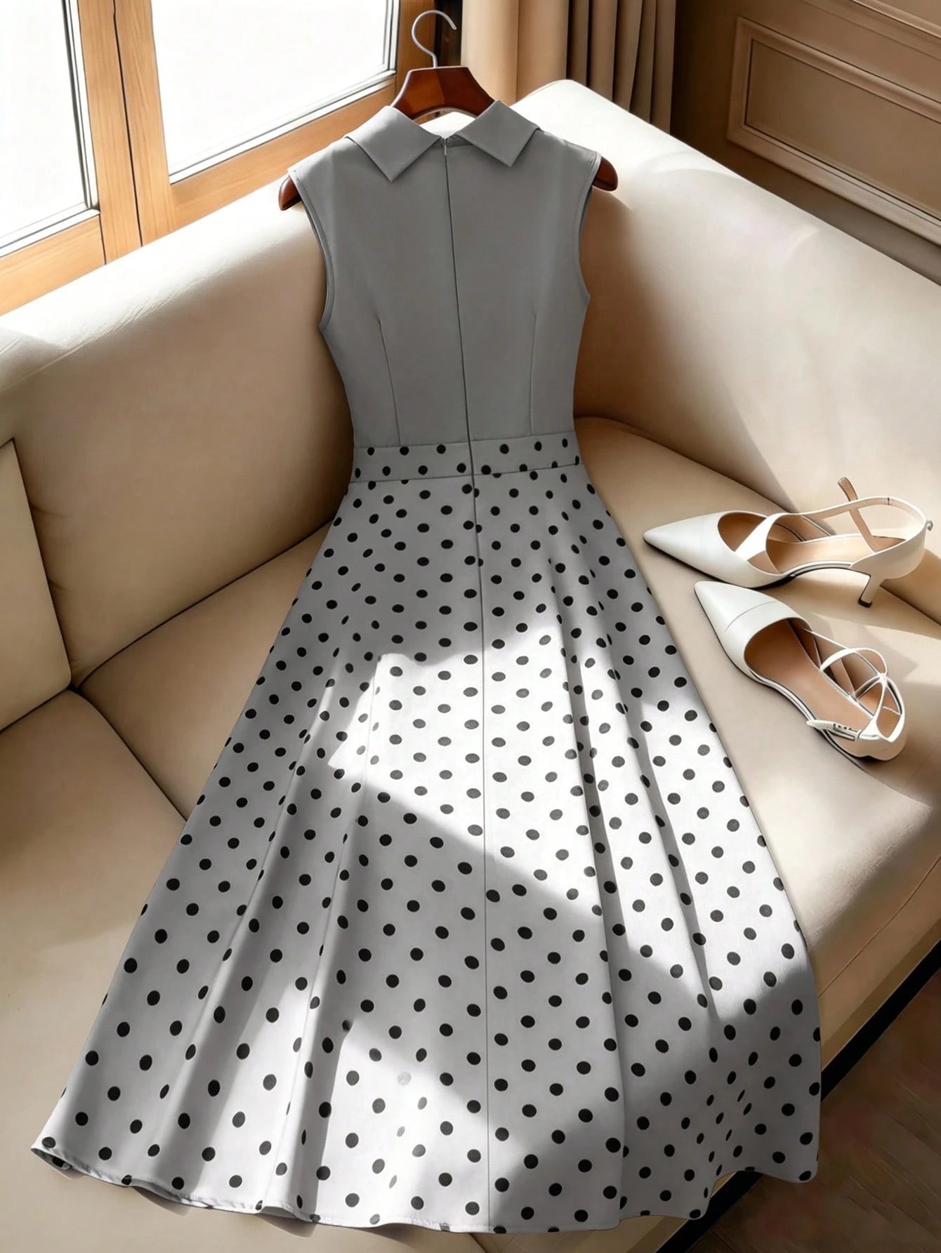 GlowEve Women's Summer French Elegant Elegant Polka Dot Print Twist Collar Sleeveless Cinched Waist Dress