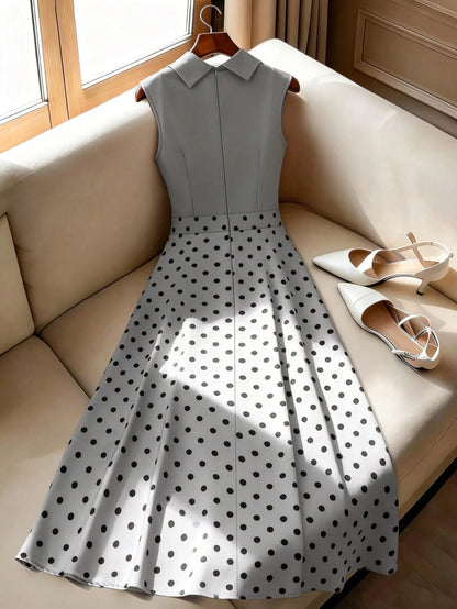 GlowEve Women's Summer French Elegant Elegant Polka Dot Print Twist Collar Sleeveless Cinched Waist Dress