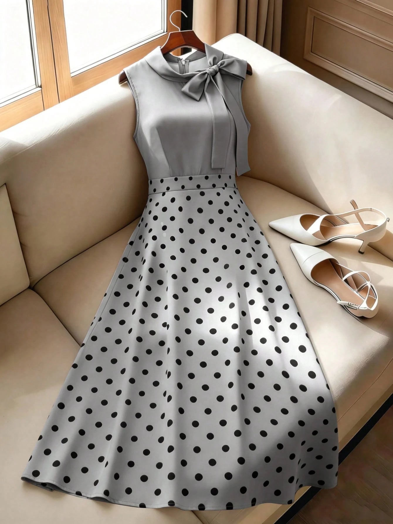 GlowEve Women's Summer French Elegant Elegant Polka Dot Print Twist Collar Sleeveless Cinched Waist Dress