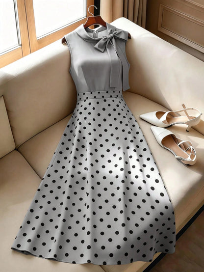 GlowEve Women's Summer French Elegant Elegant Polka Dot Print Twist Collar Sleeveless Cinched Waist Dress