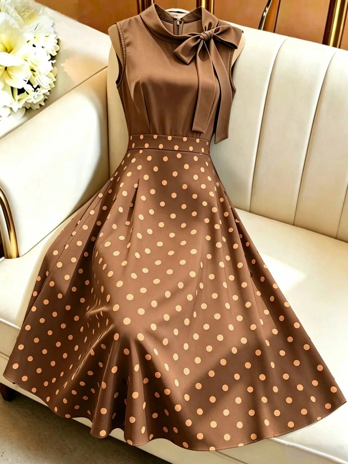 GlowEve Women's Summer French Elegant Elegant Polka Dot Print Twist Collar Sleeveless Cinched Waist Dress