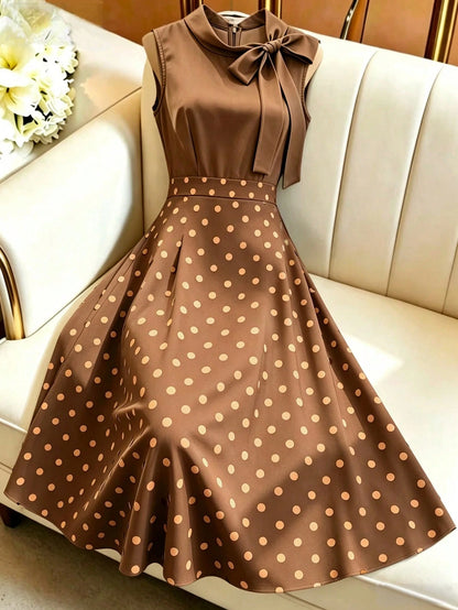 GlowEve Women's Summer French Elegant Elegant Polka Dot Print Twist Collar Sleeveless Cinched Waist Dress