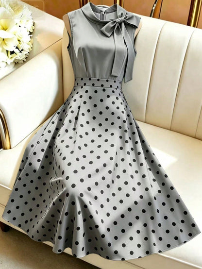 GlowEve Women's Summer French Elegant Elegant Polka Dot Print Twist Collar Sleeveless Cinched Waist Dress