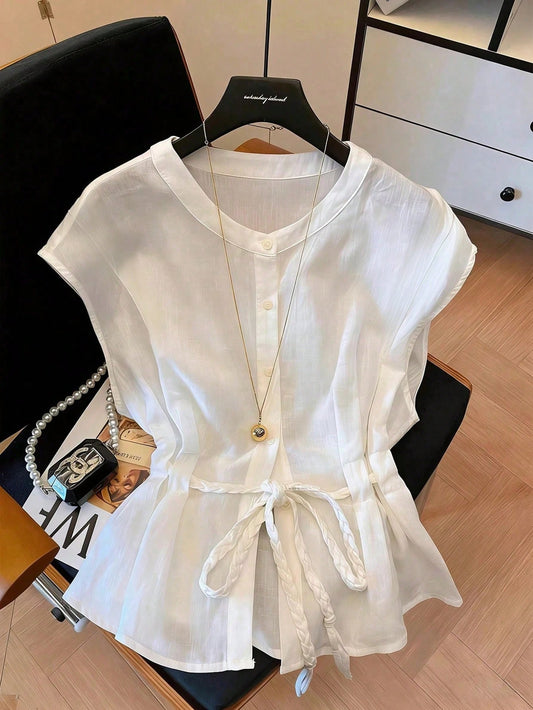 GlowEve Women's White Crew Neck Rope Drawstring Waist Sleeveless Blouse,Elegant Design,Flattering Fit,Summer Brunch,Formal Party,Travel,Spring,High-Vibe Top