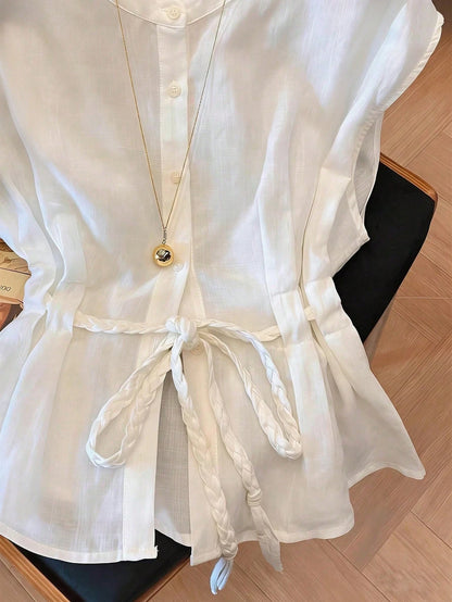 GlowEve Women's White Crew Neck Rope Drawstring Waist Sleeveless Blouse,Elegant Design,Flattering Fit,Summer Brunch,Formal Party,Travel,Spring,High-Vibe Top