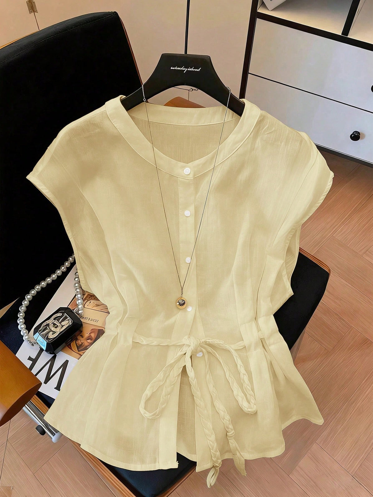 GlowEve Women's White Crew Neck Rope Drawstring Waist Sleeveless Blouse,Elegant Design,Flattering Fit,Summer Brunch,Formal Party,Travel,Spring,High-Vibe Top
