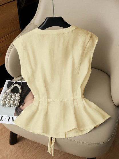 GlowEve Women's White Crew Neck Rope Drawstring Waist Sleeveless Blouse,Elegant Design,Flattering Fit,Summer Brunch,Formal Party,Travel,Spring,High-Vibe Top
