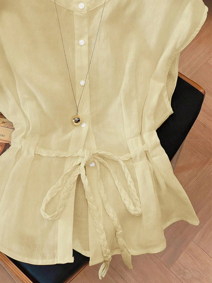 GlowEve Women's White Crew Neck Rope Drawstring Waist Sleeveless Blouse,Elegant Design,Flattering Fit,Summer Brunch,Formal Party,Travel,Spring,High-Vibe Top