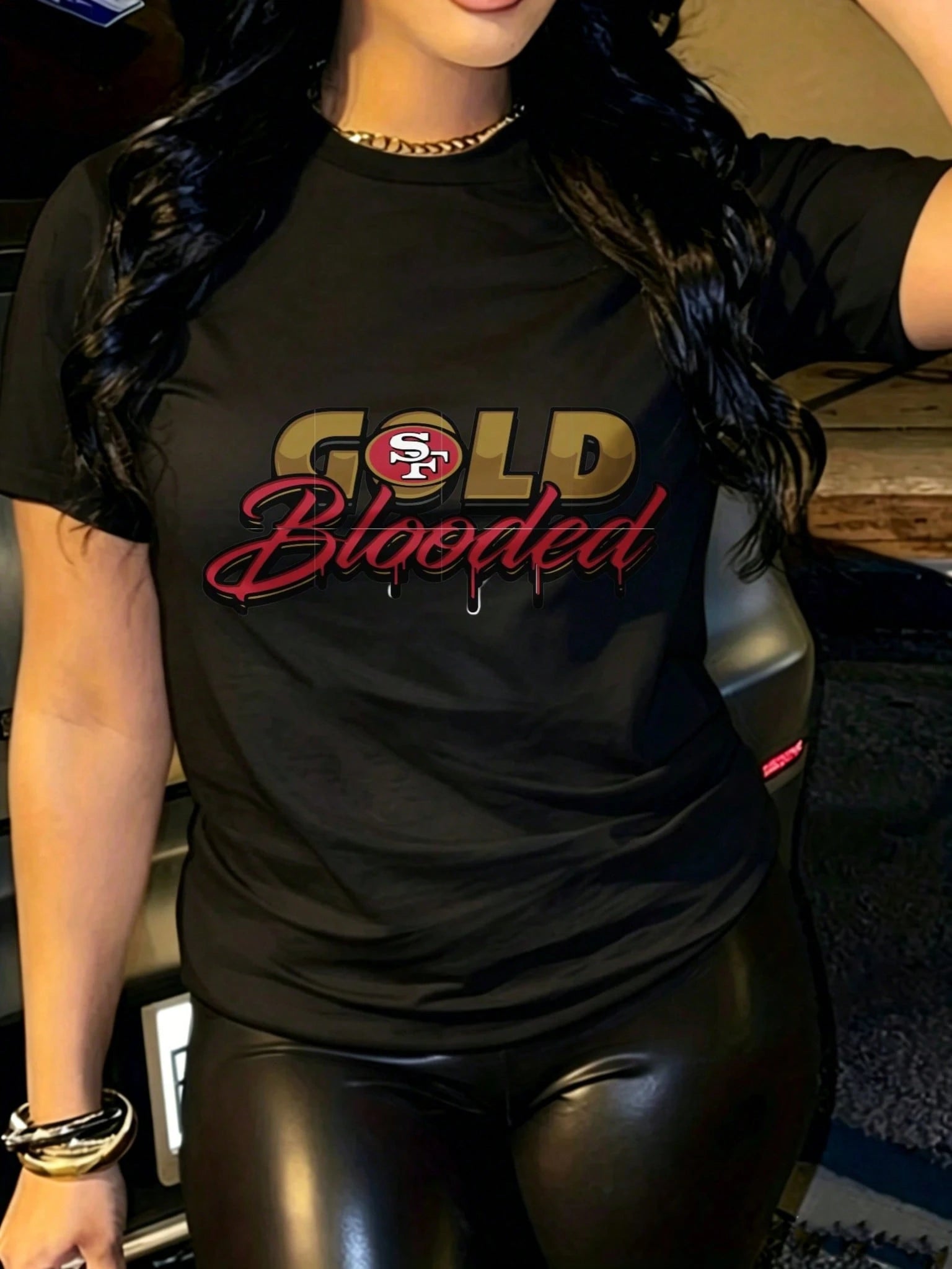 Gold Blooded Sf 49ers Graphic Print, Casual Short Sleeve Crew Neck Tee, Women T Shirt, Plus Size, Game Day Party Streetwear, Holiday Gift