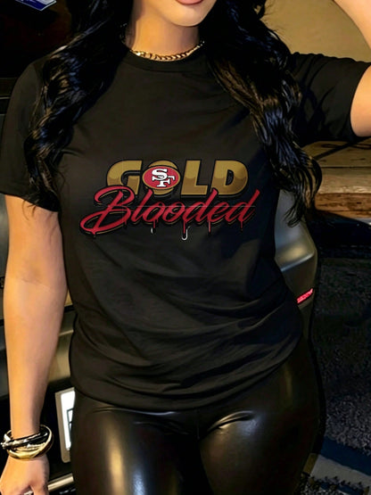Gold Blooded Sf 49ers Graphic Print, Casual Short Sleeve Crew Neck Tee, Women T Shirt, Plus Size, Game Day Party Streetwear, Holiday Gift