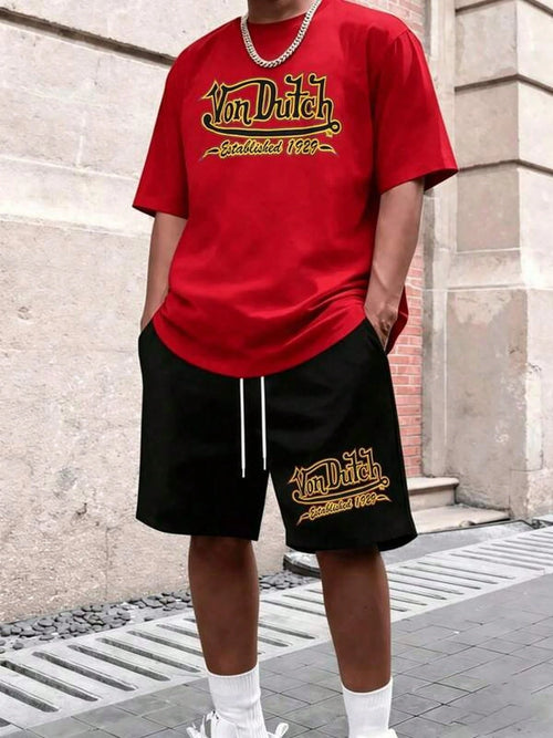 Golden Vintage Lettering Graphic Represents Freedom Passion And Urban Attitude 2pcs Set Men's Short Sleeve T Shirt & Shorts Set