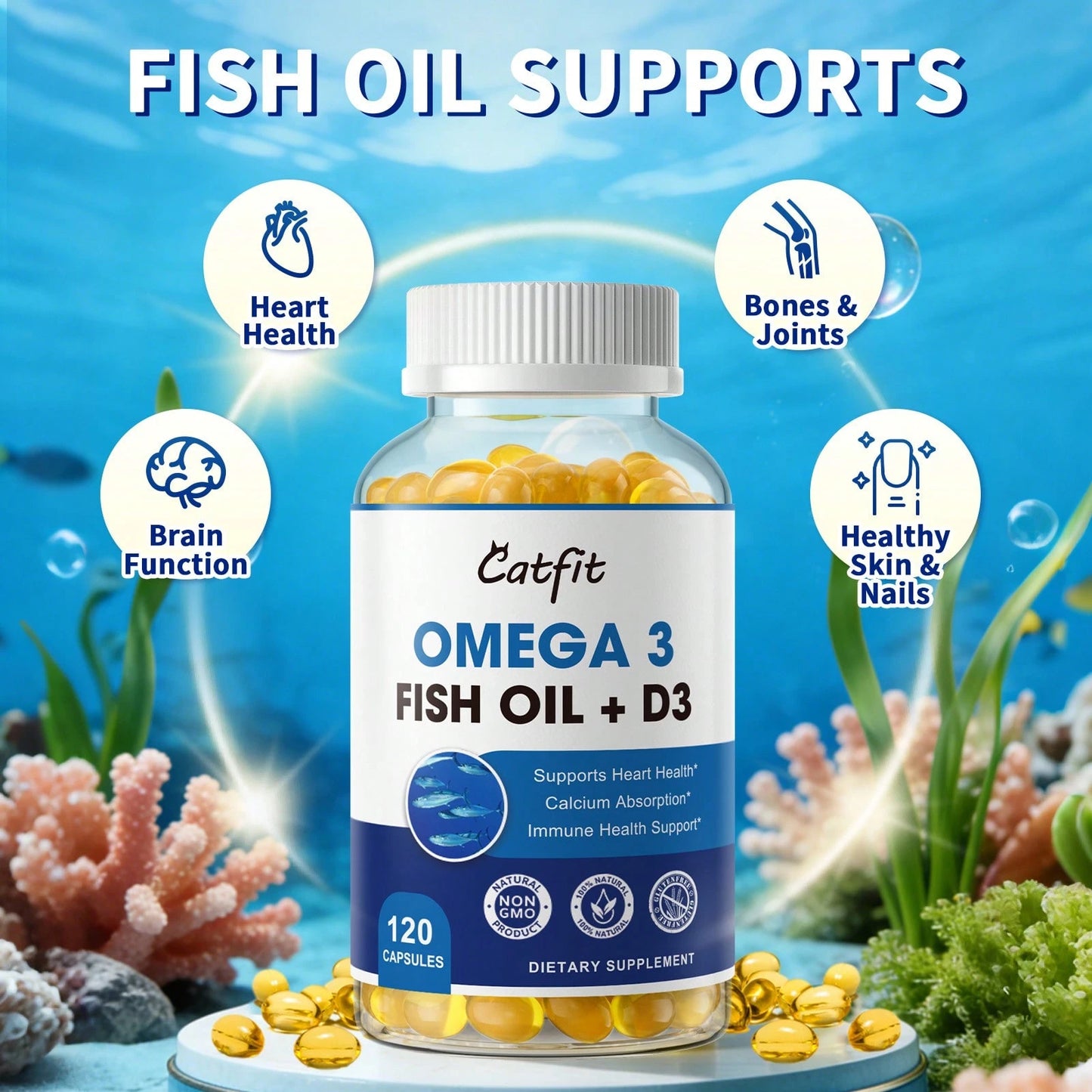 GPGP GREENPEOPLE Catfit Omega 3 Fish Oil With Vitamin D3- 1,200mg High-Potency Supplement For Heart, Brain, And Joint Support- 120 Softgels, Non-GMO & Gluten-Free