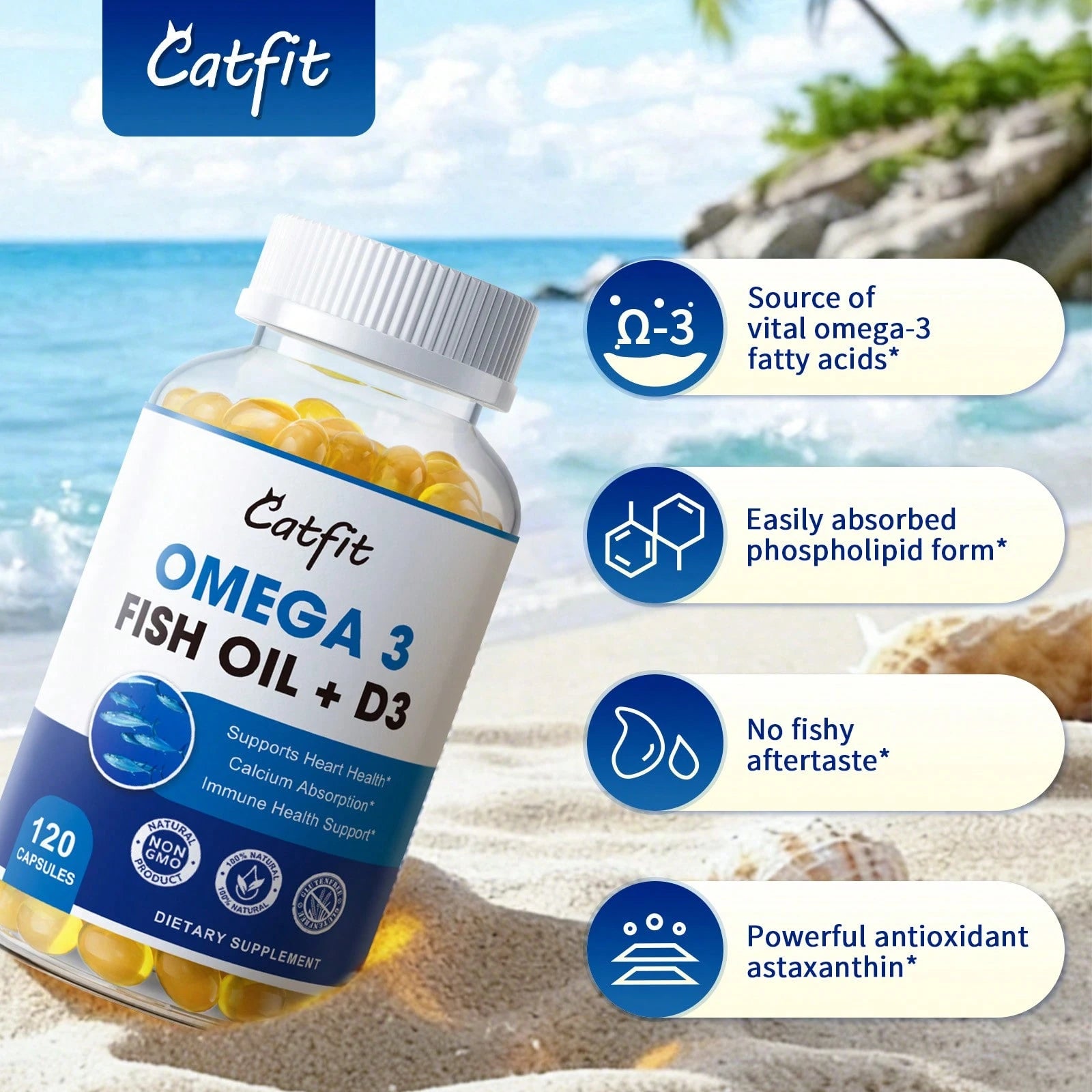 GPGP GREENPEOPLE Catfit Omega 3 Fish Oil With Vitamin D3- 1,200mg High-Potency Supplement For Heart, Brain, And Joint Support- 120 Softgels, Non-GMO & Gluten-Free