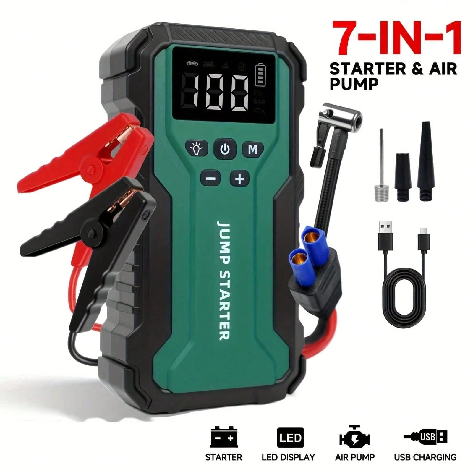GRMA 7-In-1 Multi-Functional Emergency Start Power Supply With Air Pump, 150PSL Portable Car Battery Starter, Suitable For 2.64 Gallon Gasoline Or 2.38 Gallon Batteries, LED Emergency Light, Automoti