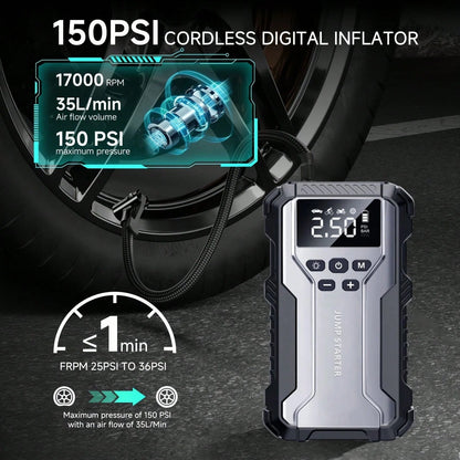 GRMA 7-In-1 Multi-Functional Emergency Start Power Supply With Air Pump, 150PSL Portable Car Battery Starter, Suitable For 2.64 Gallon Gasoline Or 2.38 Gallon Batteries, LED Emergency Light, Automoti