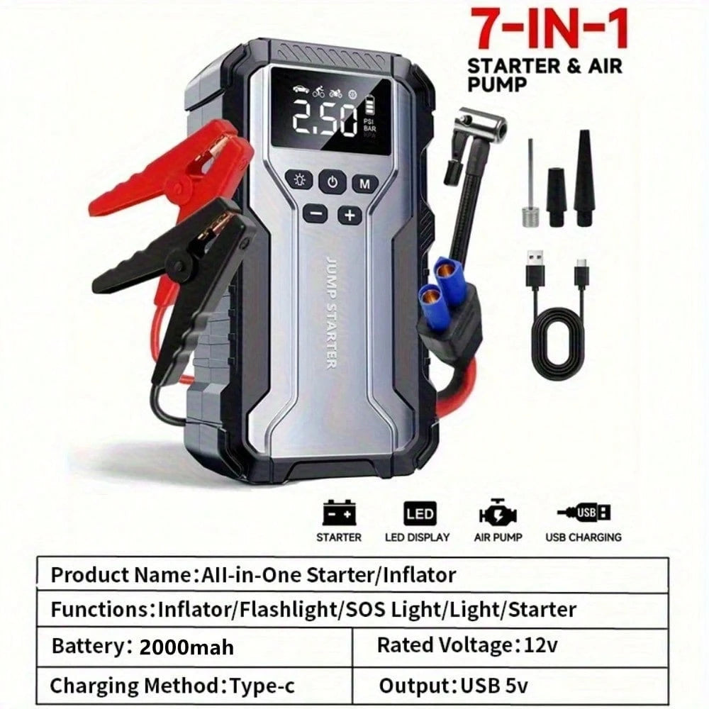 GRMA 7-In-1 Multi-Functional Emergency Start Power Supply With Air Pump, 150PSL Portable Car Battery Starter, Suitable For 2.64 Gallon Gasoline Or 2.38 Gallon Batteries, LED Emergency Light, Automoti