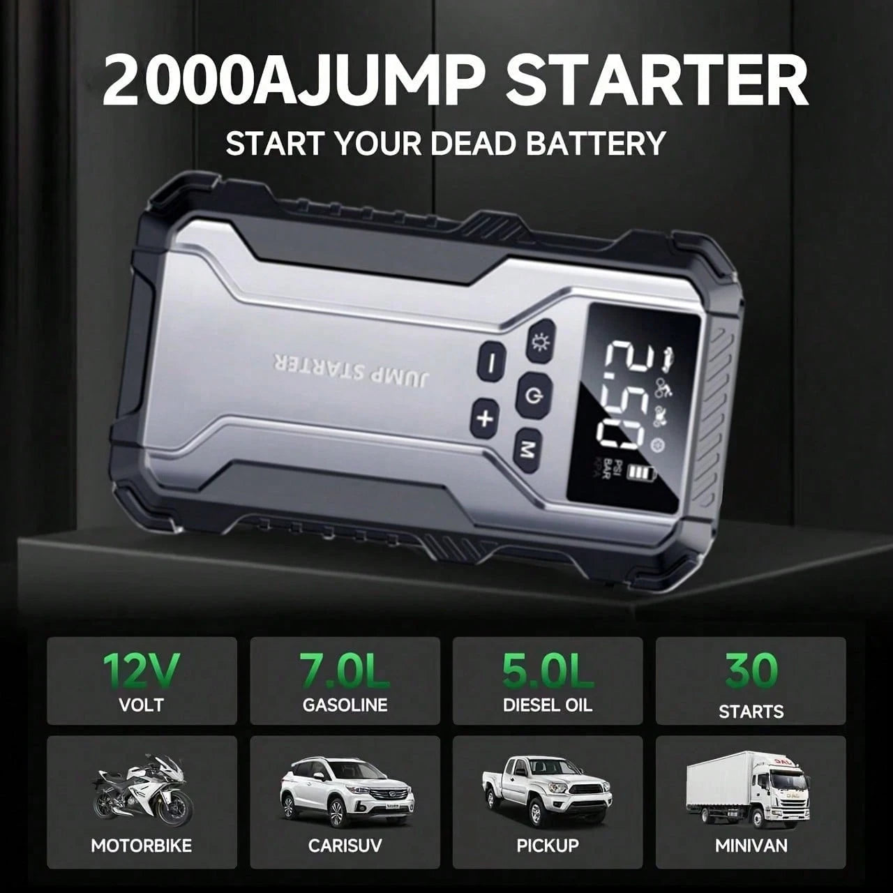 GRMA 7-In-1 Multi-Functional Emergency Start Power Supply With Air Pump, 150PSL Portable Car Battery Starter, Suitable For 2.64 Gallon Gasoline Or 2.38 Gallon Batteries, LED Emergency Light, Automoti