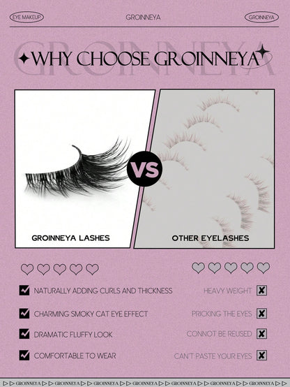GROINNEYA 9 Pairs Half-Strip Transparent Band Cat Eye False Eyelashes, Short Soft 3D Mink-Like False Eyelashes For Natural Makeup (BP07), Strip False Eyelashes