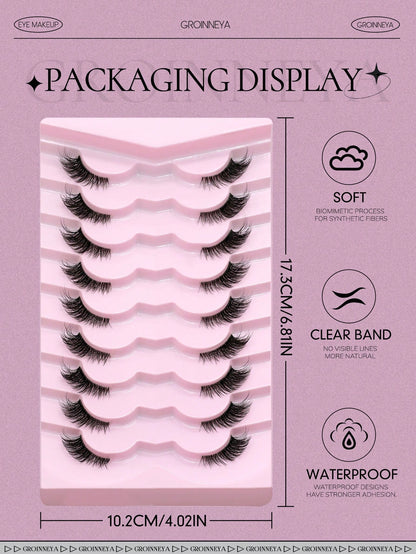 GROINNEYA 9 Pairs Half-Strip Transparent Band Cat Eye False Eyelashes, Short Soft 3D Mink-Like False Eyelashes For Natural Makeup (BP07), Strip False Eyelashes