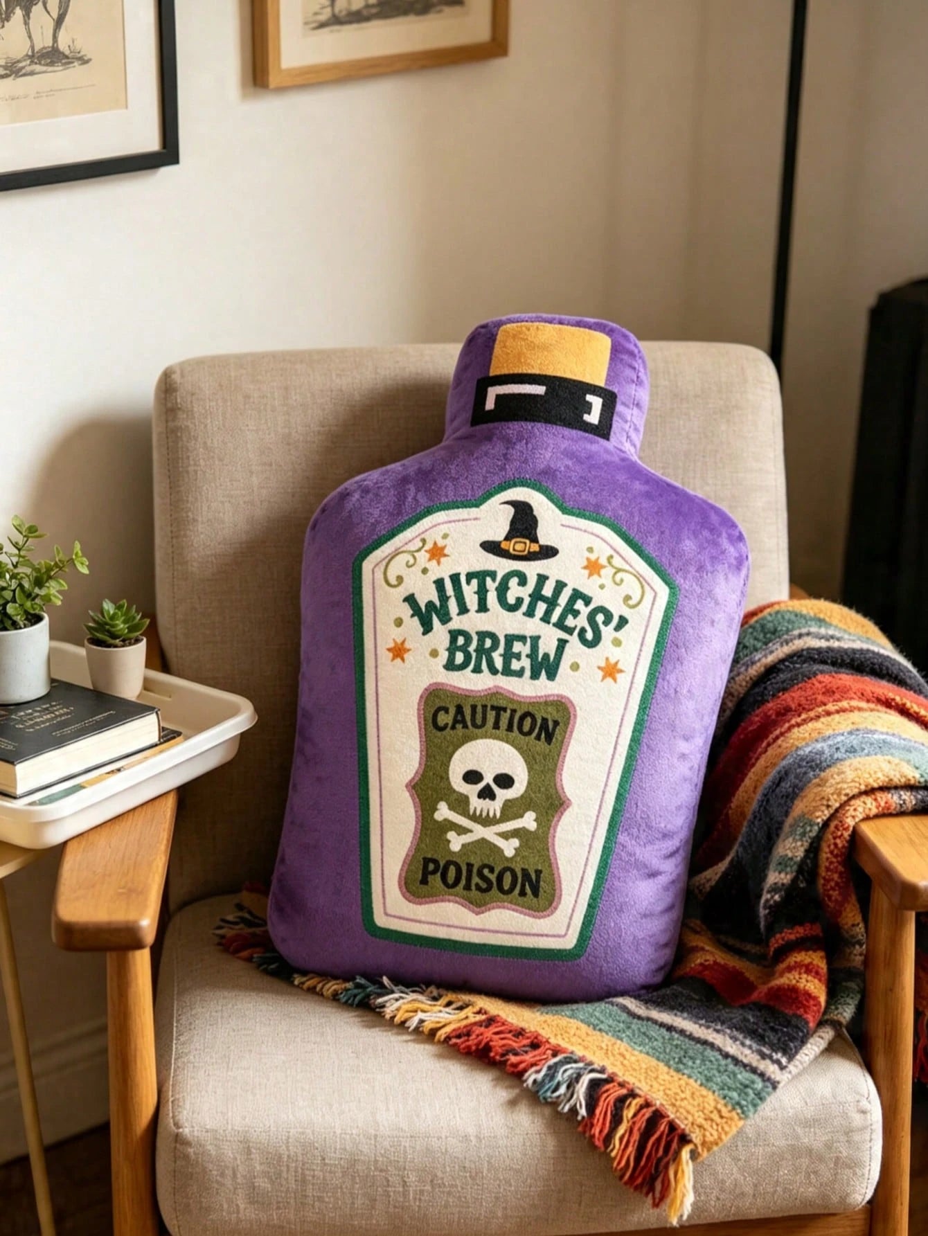Halloween Witch Potion Bottle Decorative Throw Pillow, Purple Gothic Style Sofa Chair Bed Cushion, Eerie Room Decor Accent