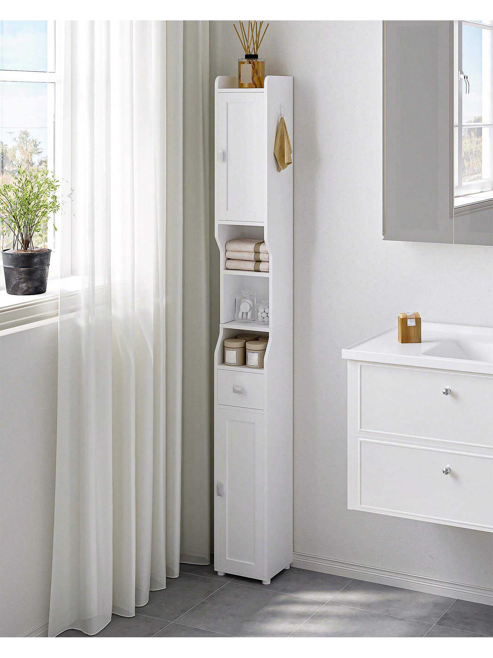 HaluPeit Bathroom Storage Cabinet, Narrow Toilet Paper Storage Cabinet, Tall Toilet Paper Holder With 2 Doors And1 Drawer, Bathroom Organizer With Adjustable Shelf, 1 Hook For Small Spaces,Home Decor