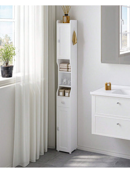HaluPeit Bathroom Storage Cabinet, Narrow Toilet Paper Storage Cabinet, Tall Toilet Paper Holder With 2 Doors And1 Drawer, Bathroom Organizer With Adjustable Shelf, 1 Hook For Small Spaces,Home Decor