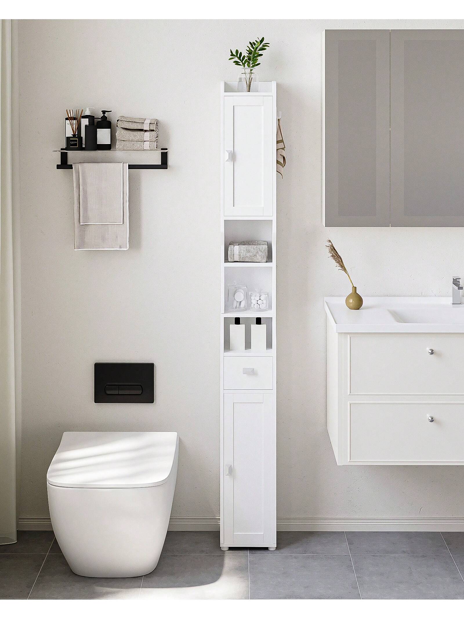 HaluPeit Bathroom Storage Cabinet, Narrow Toilet Paper Storage Cabinet, Tall Toilet Paper Holder With 2 Doors And1 Drawer, Bathroom Organizer With Adjustable Shelf, 1 Hook For Small Spaces,Home Decor