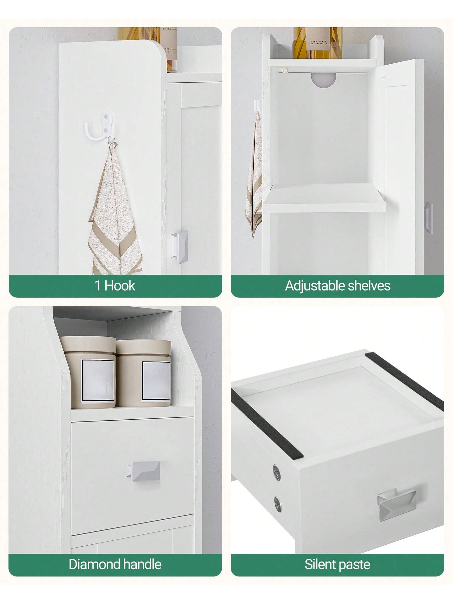 HaluPeit Bathroom Storage Cabinet, Narrow Toilet Paper Storage Cabinet, Tall Toilet Paper Holder With 2 Doors And1 Drawer, Bathroom Organizer With Adjustable Shelf, 1 Hook For Small Spaces,Home Decor