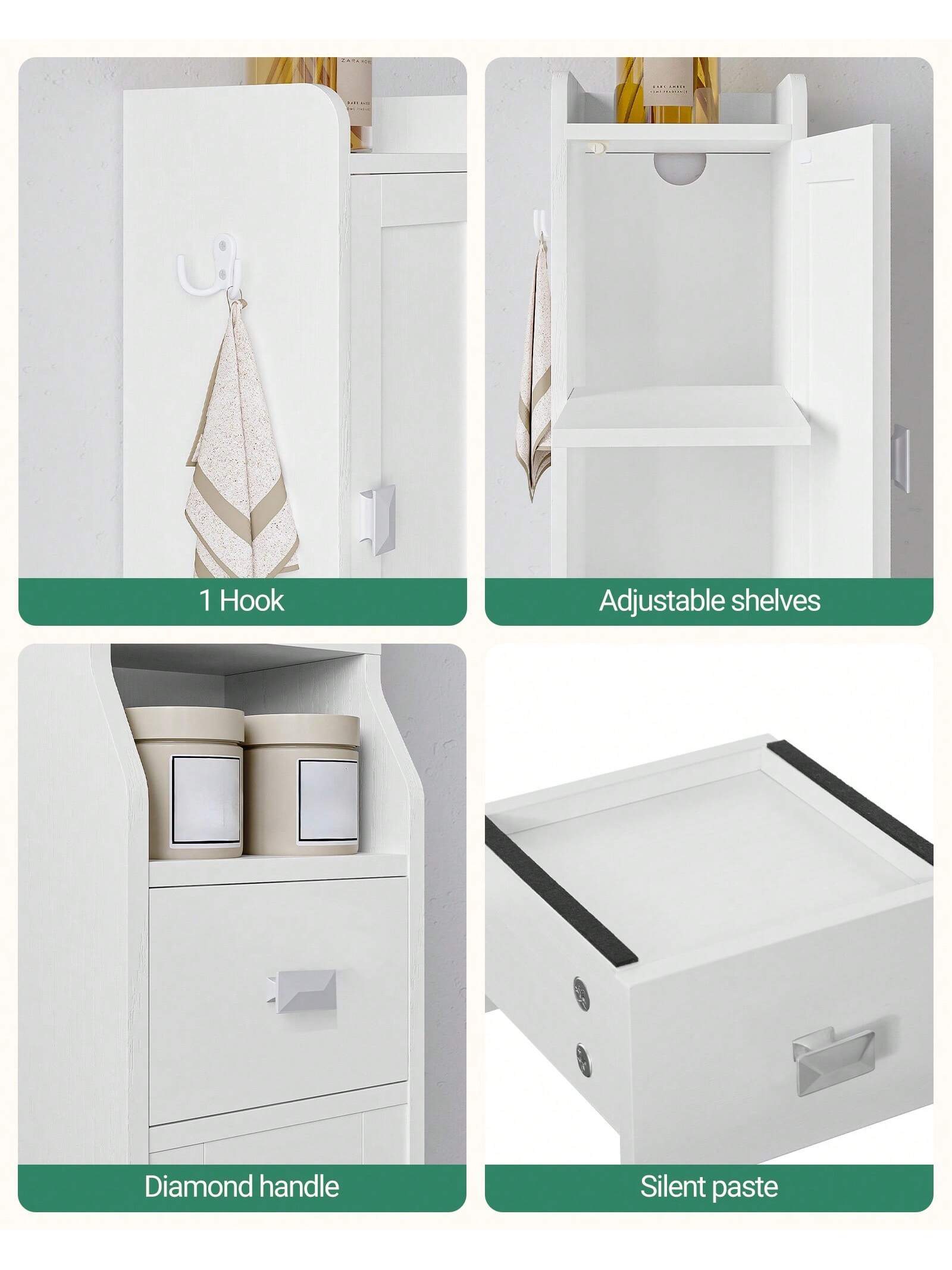 HaluPeit Bathroom Storage Cabinet, Narrow Toilet Paper Storage Cabinet, Tall Toilet Paper Holder With 2 Doors And1 Drawer, Bathroom Organizer With Adjustable Shelf, 1 Hook For Small Spaces,Home Decor