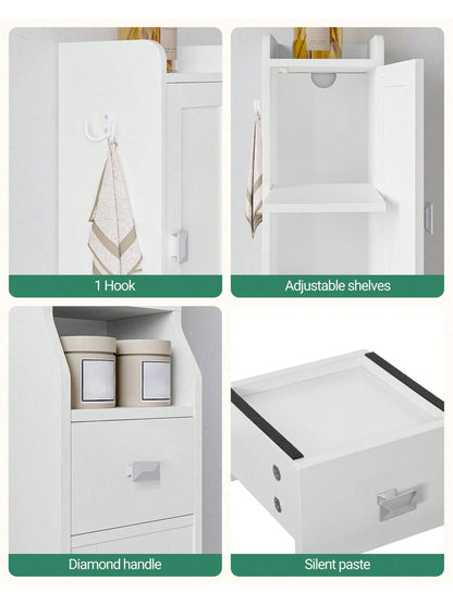 HaluPeit Bathroom Storage Cabinet, Narrow Toilet Paper Storage Cabinet, Tall Toilet Paper Holder With 2 Doors And1 Drawer, Bathroom Organizer With Adjustable Shelf, 1 Hook For Small Spaces,Home Decor