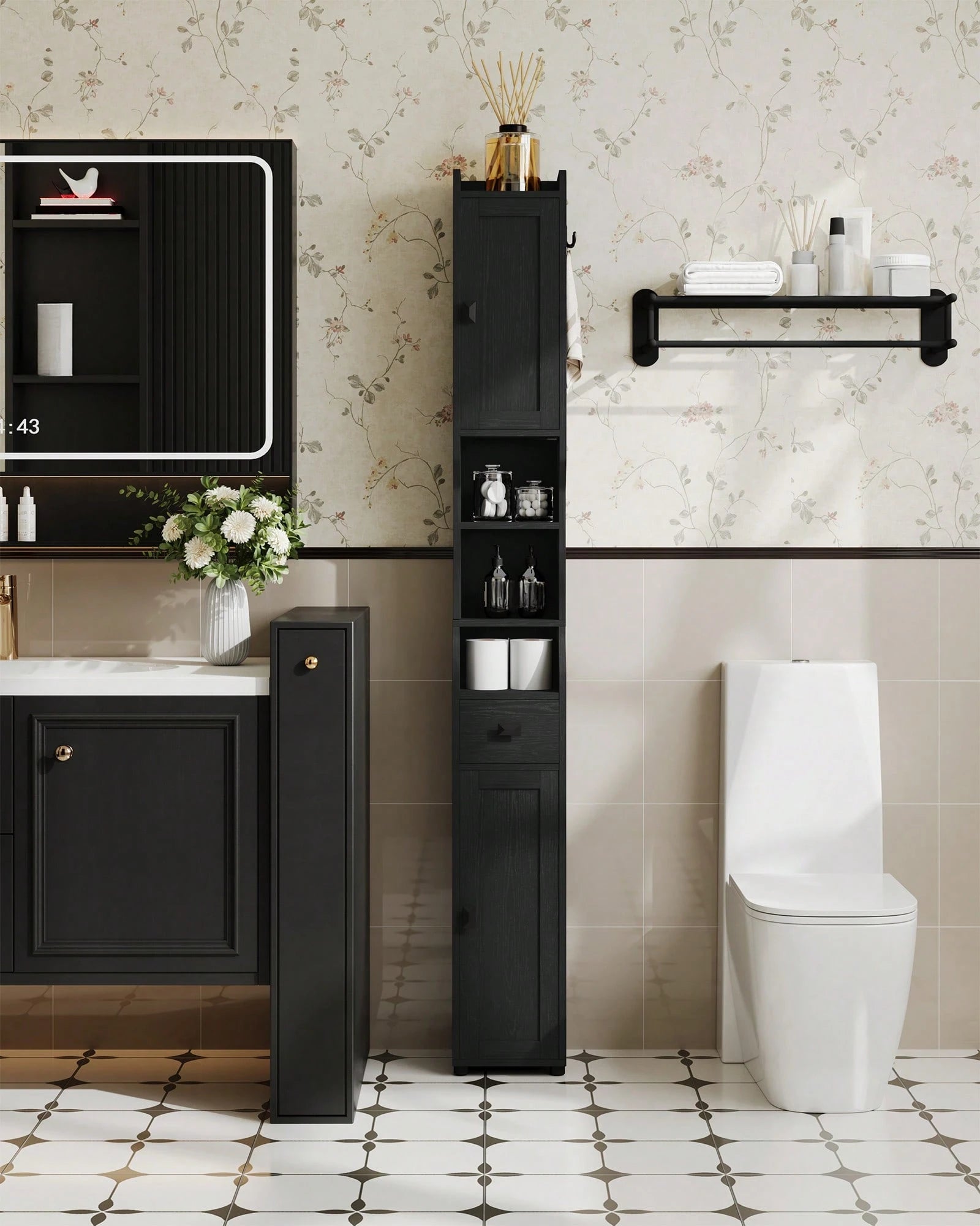 HaluPeit Bathroom Storage Cabinet, Narrow Toilet Paper Storage Cabinet, Tall Toilet Paper Holder With 2 Doors And1 Drawer, Bathroom Organizer With Adjustable Shelf, 1 Hook For Small Spaces,Home Decor