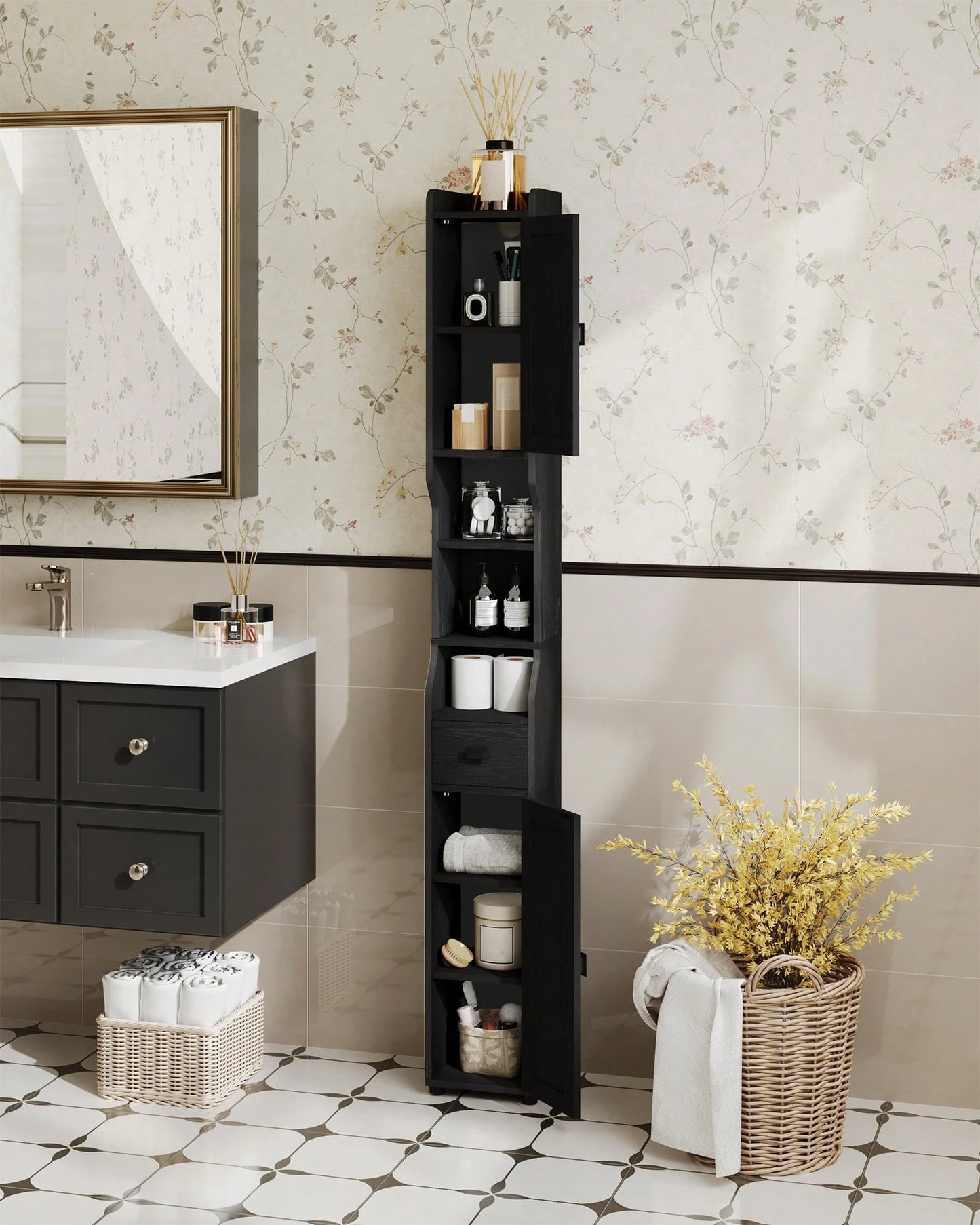 HaluPeit Bathroom Storage Cabinet, Narrow Toilet Paper Storage Cabinet, Tall Toilet Paper Holder With 2 Doors And1 Drawer, Bathroom Organizer With Adjustable Shelf, 1 Hook For Small Spaces,Home Decor