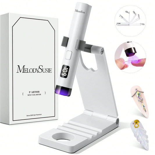 Handheld UV Light For Gel Nails With Stand, Mini Portable Cordless Nail Lamp With LCD Display, Eye-Protective Cover, Flash Curing For Glue White