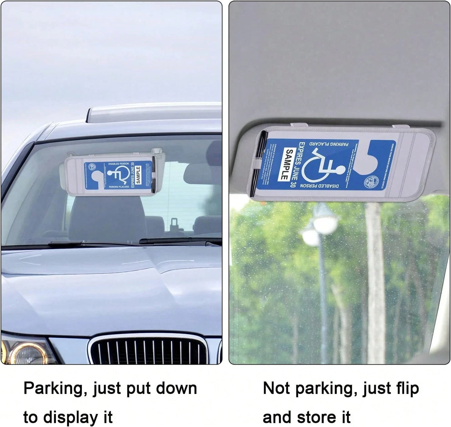 Handicap Placard Holder For Auto, Wisdompro Disabled Parking Permit Sign Protector For Car Sun Visor With Note Paper Slot, Pen Holder And Elastic Strap- Gray