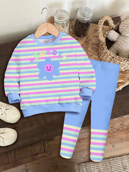 Happikins Baby Girl Cute Blue Striped Autumn Knitted Soft Crew Neck Long Sleeve Sweatshirt And Leggings Set For Vacation,Outdoor Picnic,Home,Campus