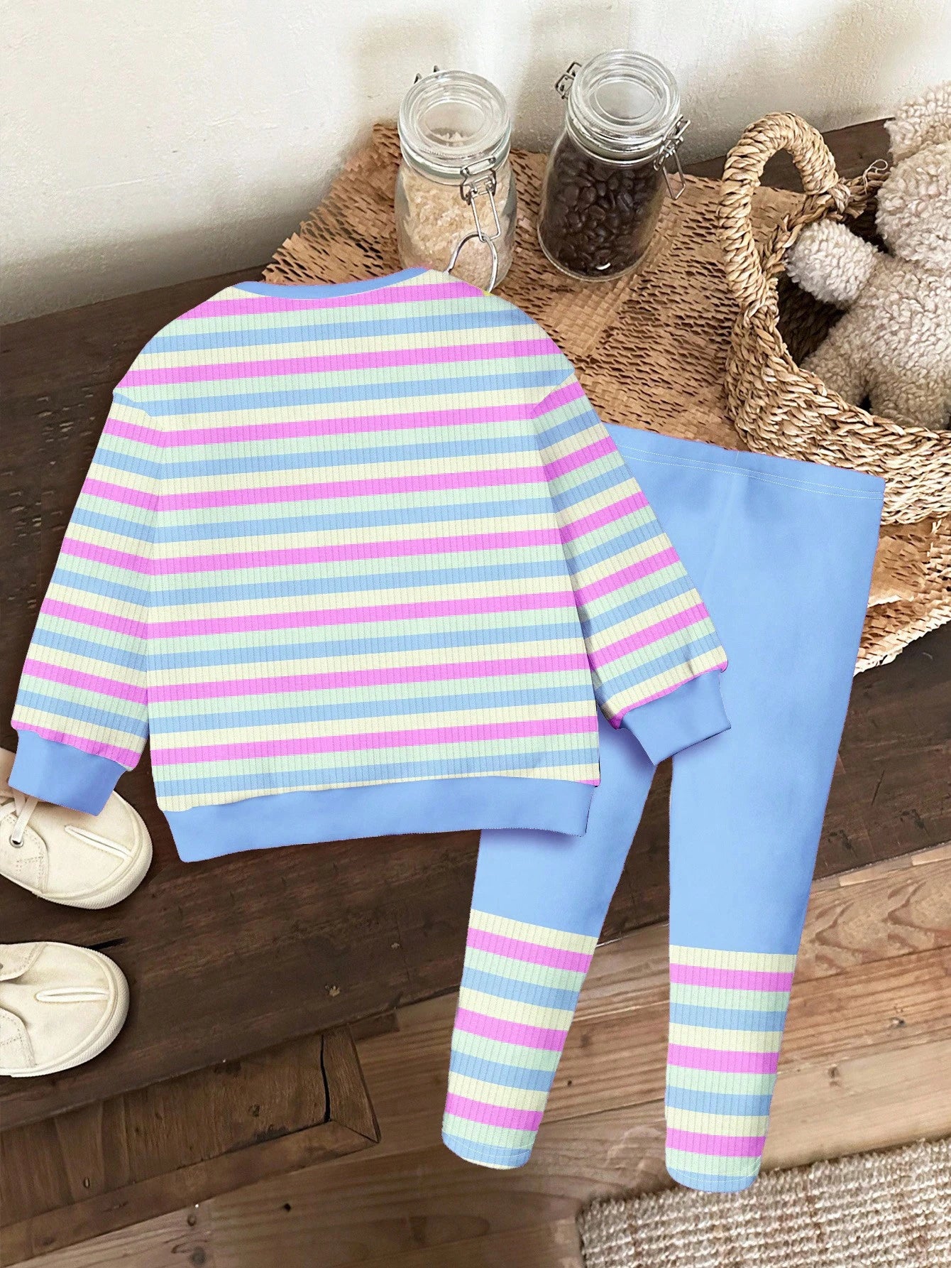 Happikins Baby Girl Cute Blue Striped Autumn Knitted Soft Crew Neck Long Sleeve Sweatshirt And Leggings Set For Vacation,Outdoor Picnic,Home,Campus