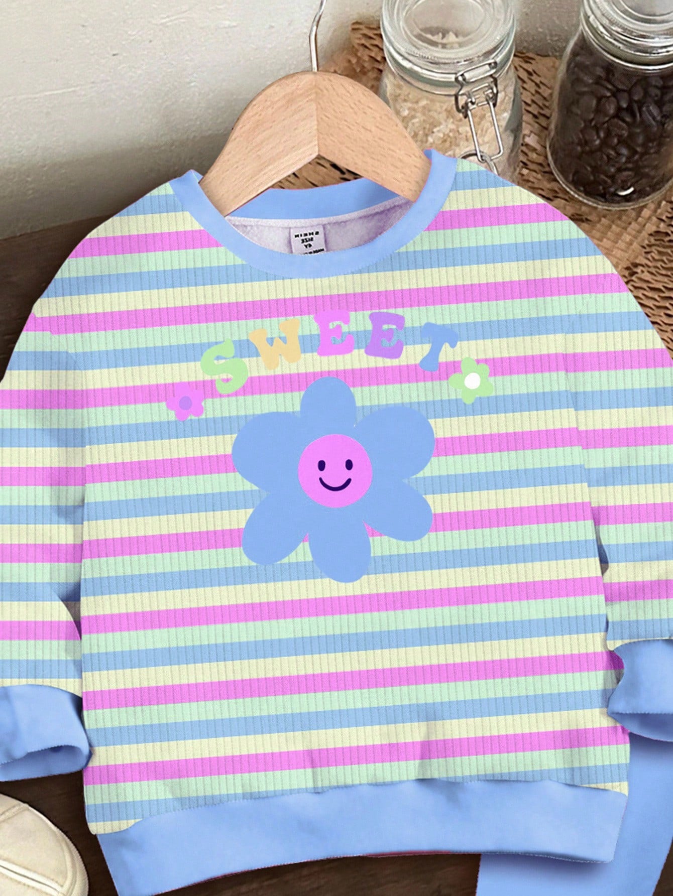 Happikins Baby Girl Cute Blue Striped Autumn Knitted Soft Crew Neck Long Sleeve Sweatshirt And Leggings Set For Vacation,Outdoor Picnic,Home,Campus