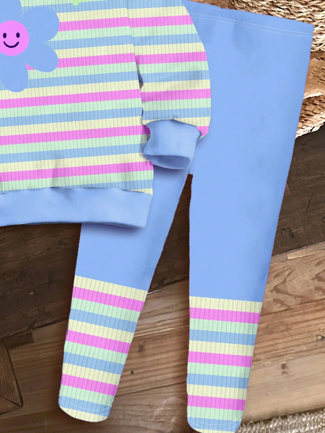 Happikins Baby Girl Cute Blue Striped Autumn Knitted Soft Crew Neck Long Sleeve Sweatshirt And Leggings Set For Vacation,Outdoor Picnic,Home,Campus