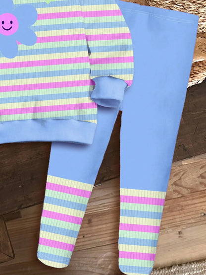 Happikins Baby Girl Cute Blue Striped Autumn Knitted Soft Crew Neck Long Sleeve Sweatshirt And Leggings Set For Vacation,Outdoor Picnic,Home,Campus