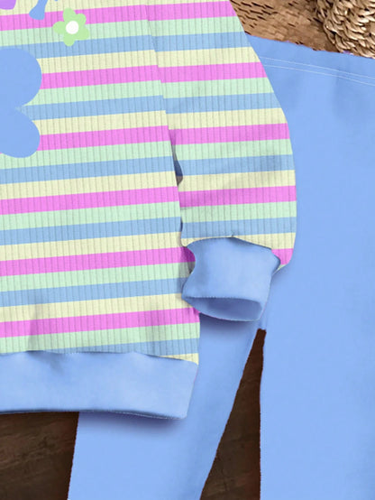 Happikins Baby Girl Cute Blue Striped Autumn Knitted Soft Crew Neck Long Sleeve Sweatshirt And Leggings Set For Vacation,Outdoor Picnic,Home,Campus