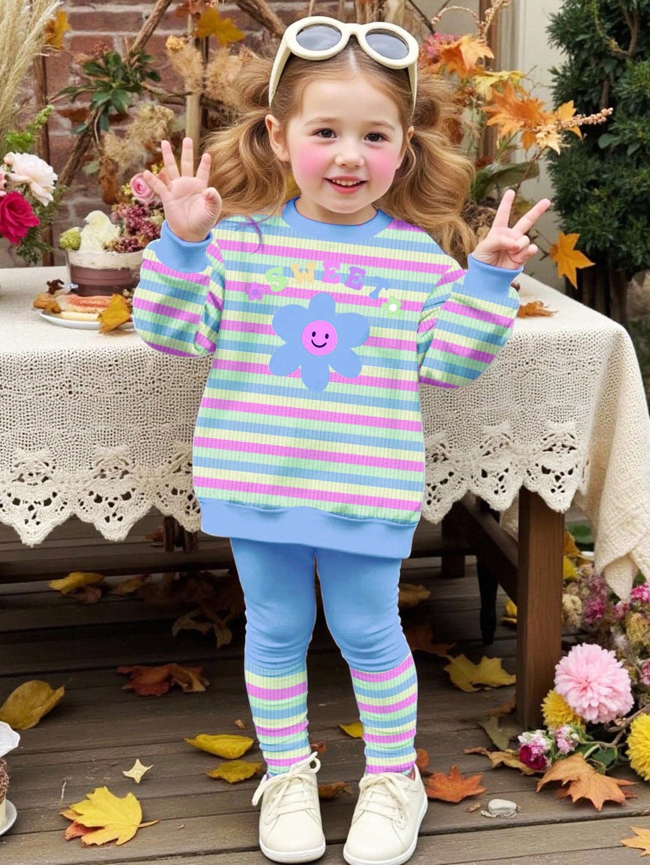 Happikins Baby Girl Cute Blue Striped Autumn Knitted Soft Crew Neck Long Sleeve Sweatshirt And Leggings Set For Vacation,Outdoor Picnic,Home,Campus